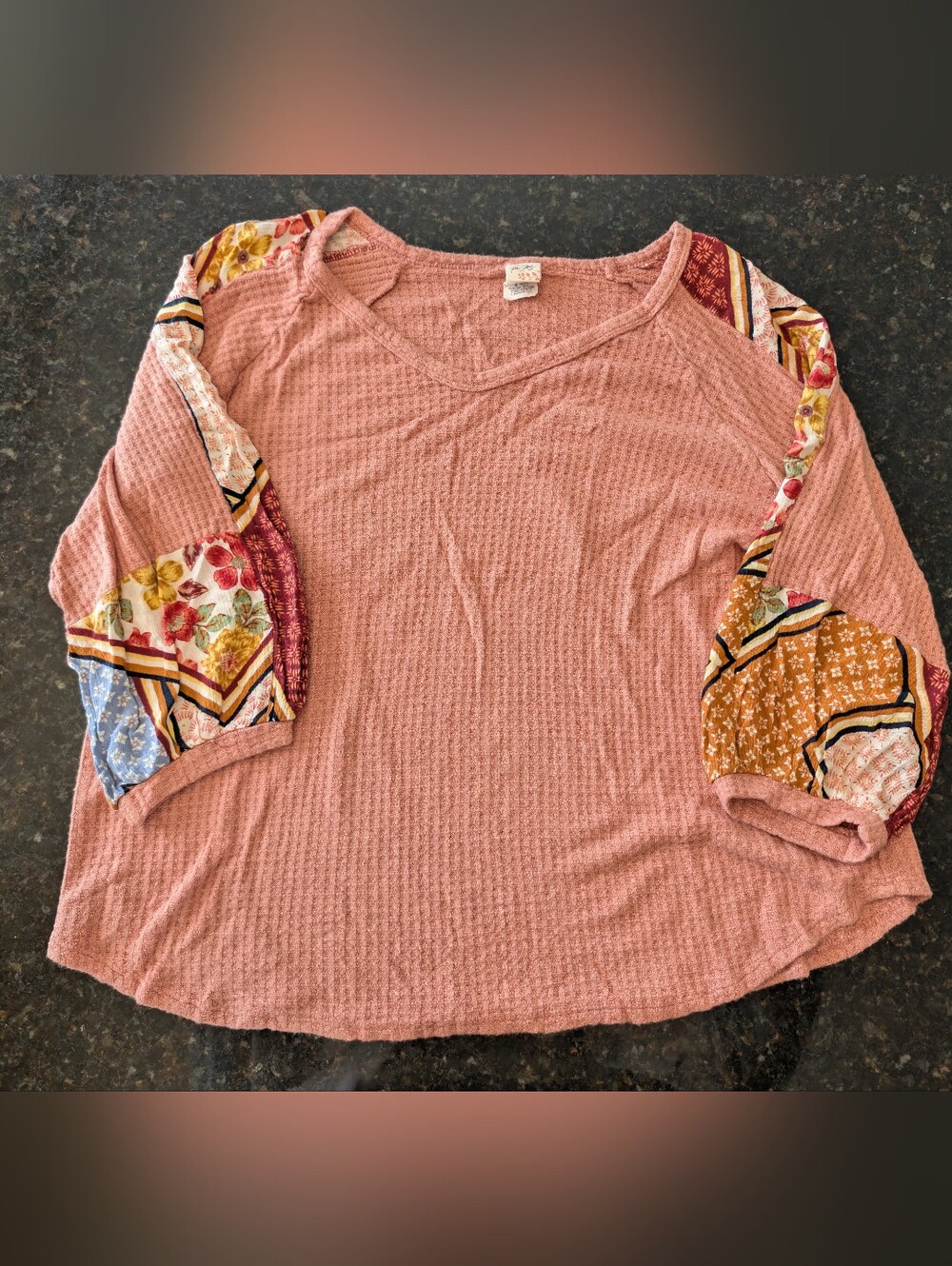 7th Roy Boho Mixed Print Patchwork 3/4 Sleeve Cozy Top